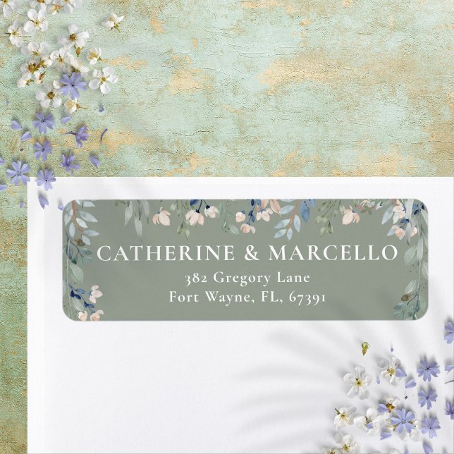 Étiquette Floral Cascade Sage Green Mariage Adresse de retou (Floral Cascade Sage Green Wedding Return Address Label)