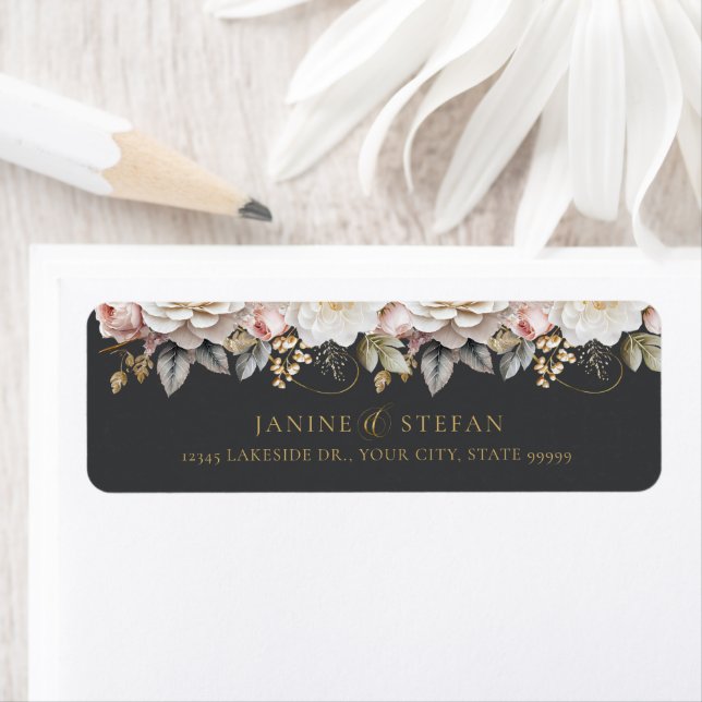 Étiquette Floral Drama Mariage Charcoal ID1022 (En situation)