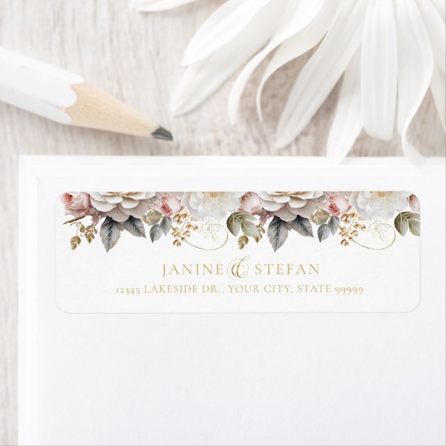 Étiquette Floral Drama Mariage White ID1022 (En situation)