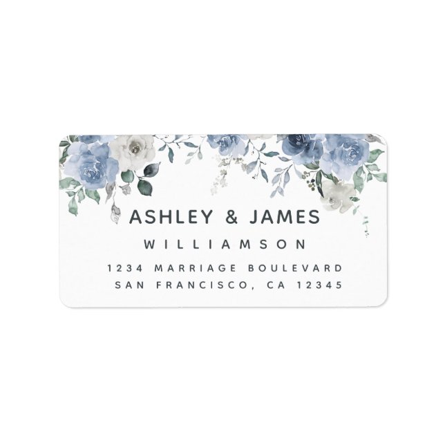 Étiquette Floral Dusty Blue Ivory Rose Retour Adresse (Devant)