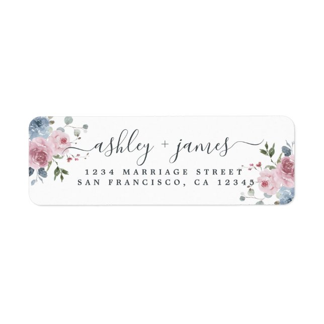 Étiquette Floral Dusty Blue Rose Adresse de retour Label (Devant)