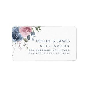 Étiquette Floral Dusty Blue Rose Script Adresse de retour