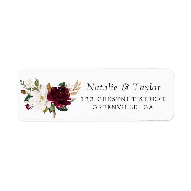 Étiquette Floral Elegant Bourgogne Magnolia Mariage de verdu (Devant)