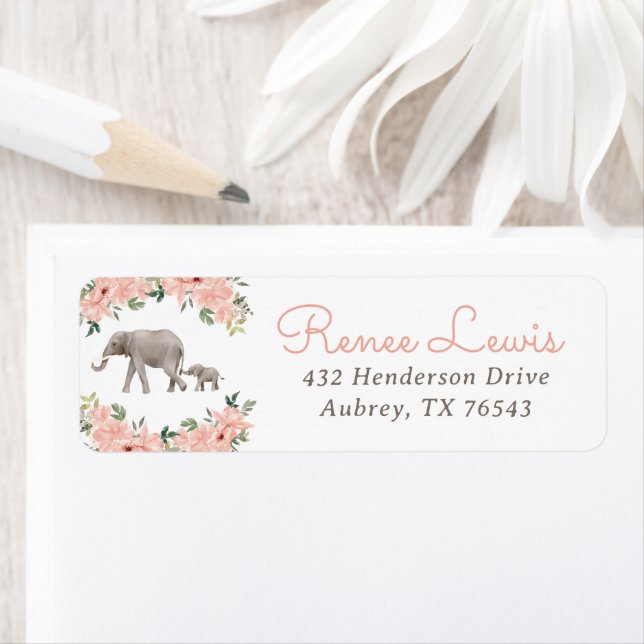 Étiquette Floral Elephant Girl Baby shower Adresse de retour (En situation)