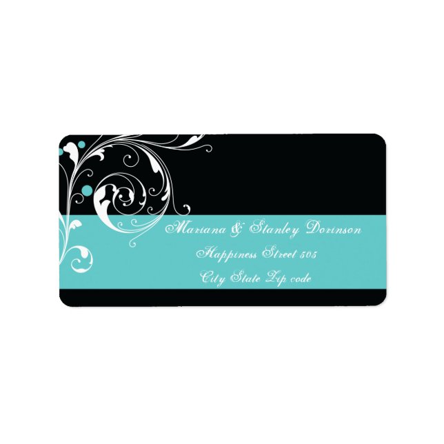 Étiquette Floral feuille de défilement noir aqua mariage (Devant)
