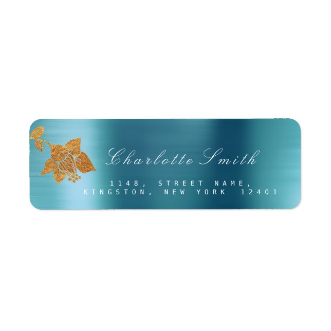 Étiquette Floral Gold Foil Aqua Metallic Blue Water RSVP (Devant)