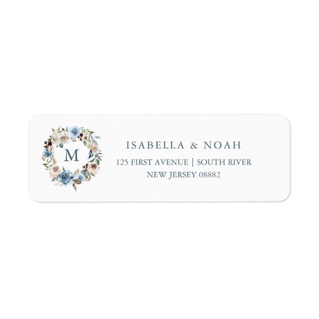 Étiquette Floral neutre et bleu | Couronne et monogramme (Devant)