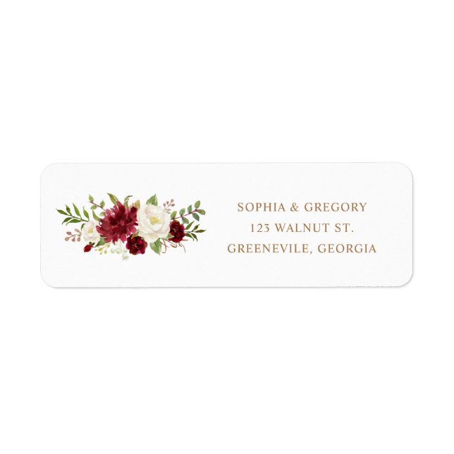 Étiquette Floral Rouge Bourgogne Blanc Élégant Mariage Adres (Devant)
