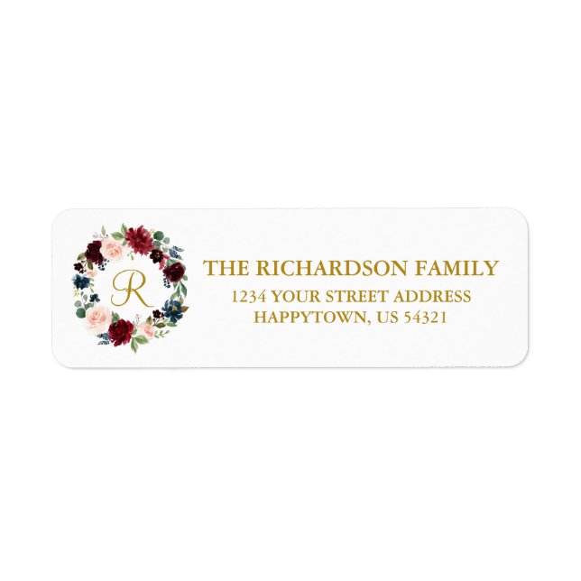 Étiquette Floral Wreath Holiday Monogram Gold Adresse (Devant)