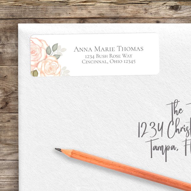 Étiquette Flore simple d'aquarelle de pêche (Blue floral return address label with peach floral roses. )