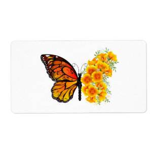 Étiquette Flower Butterfly with Yellow California Poppy