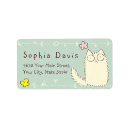 Étiquette Fluffy Cat et Yellow Butterfly Texte personnalisé