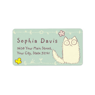 Étiquette Fluffy Cat et Yellow Butterfly Texte personnalisé