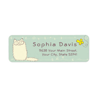 Étiquette Fluffy Cat et Yellow Butterfly Texte personnalisé