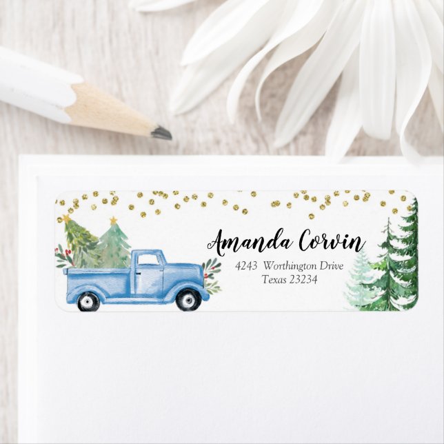 Étiquette Forêt d'hiver Camion bleu Noël (En situation)