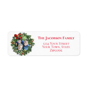 Étiquette Fun Christmas Wreath Photo Frame Adresse de retour