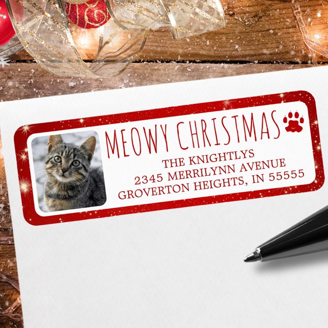 Étiquette Funny Cat MEOWY CHRISTMAS Photo Red Pawprint (Créateur téléchargé)