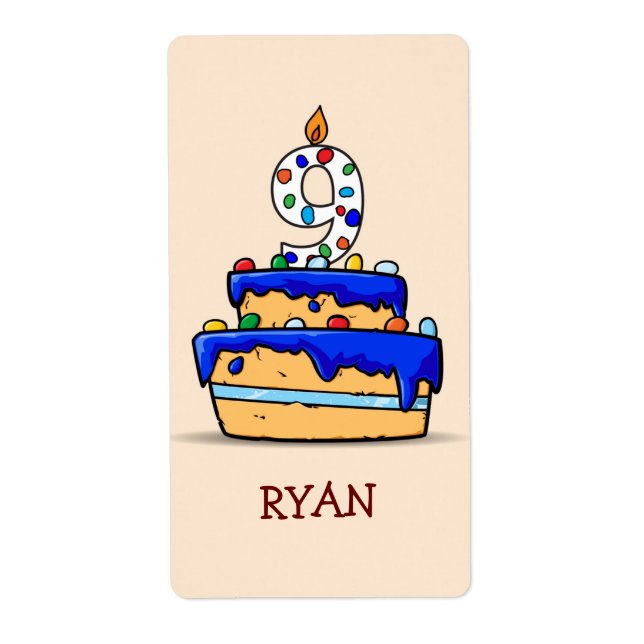 Étiquette Garçon 9e anniversaire, 9 sur le gâteau bleu sucré (Devant)