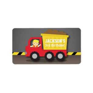 Étiquette Garçon au camion benne rouge Fête d'anniversaire d