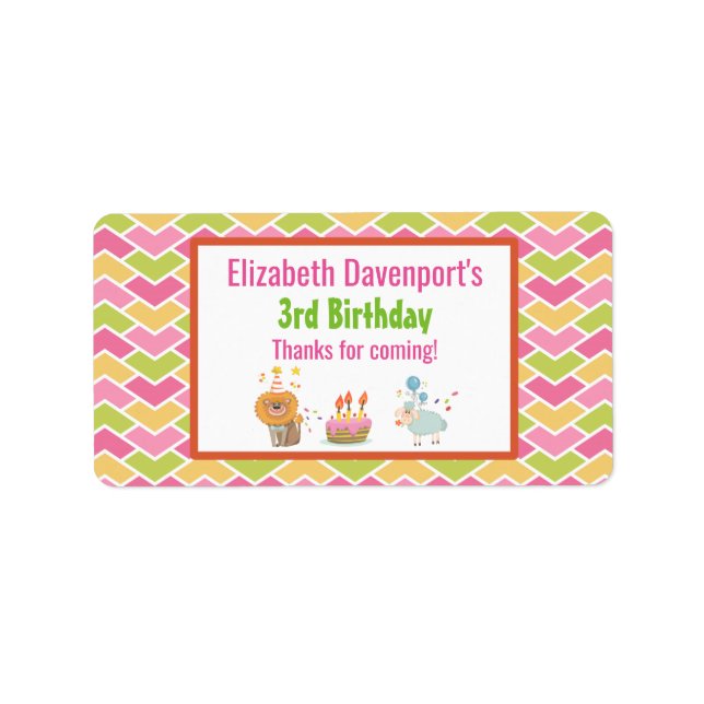 Étiquette Gâteau d'anniversaire avec le lion de fête et le m (Devant)