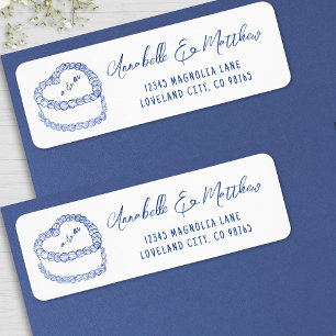 Étiquette Gâteau Vintage Adresse de Mariage Bleue Dessinée à