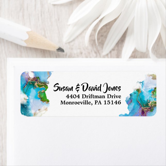 Étiquette Geode faux or bleu paon gemstone moderne (En situation)