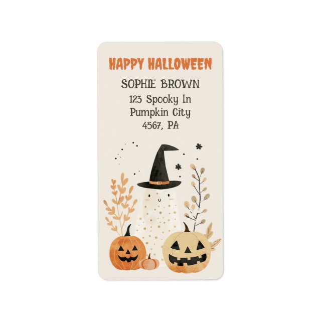 Étiquette Ghost mignon avec Jack—o-Lanterns Adresse d'Hallow (Devant)