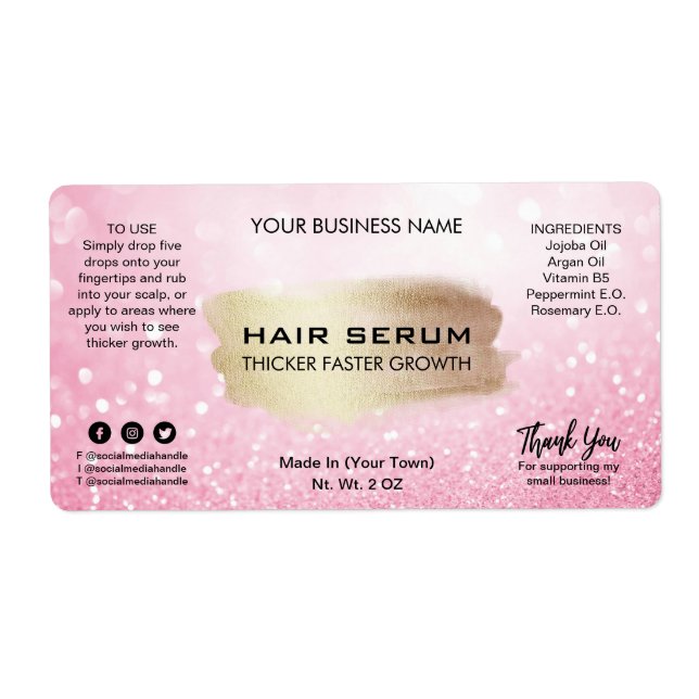 Étiquette Glam Pastel Parties scintillant rose Cheveux Serum (Devant)