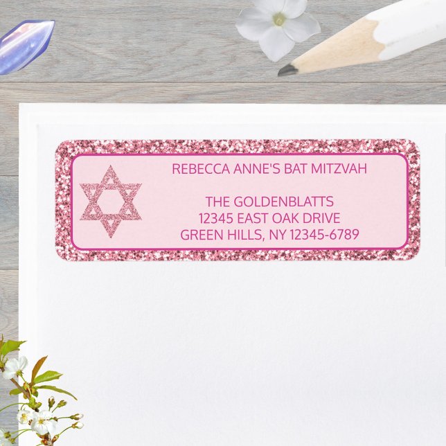 Étiquette Glam Pink Élégante Étoile De David Bat mitzvah (These faux pink glitter return address labels are easy to personalize)
