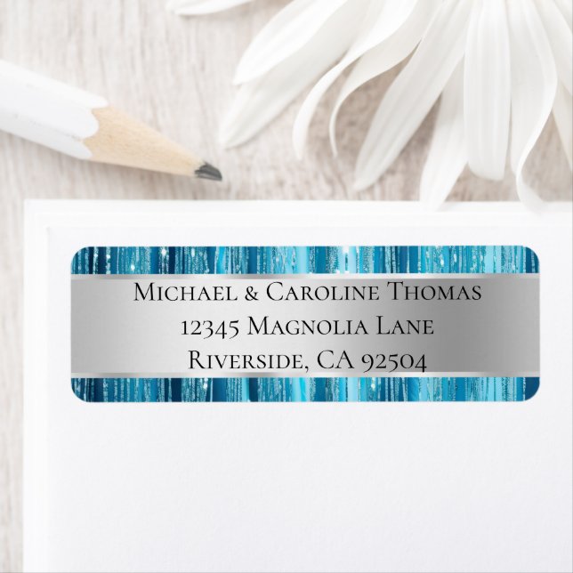 Étiquette Glam Silver Aqua Glitzy Stripes Mariage (En situation)