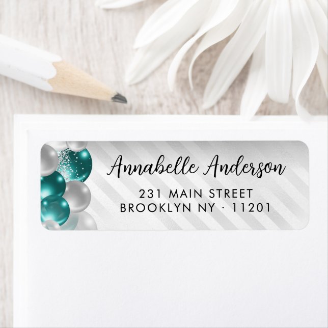Étiquette Glam Turquoise Green Balloon en argent Parties sci (En situation)