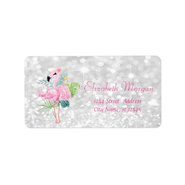 Étiquette Glitterie, Bokeh, Feuilles tropicaux, Flamants ros (Devant)