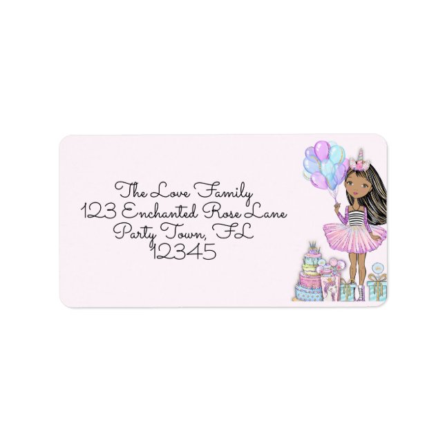 Étiquette Glittery Birthday African American Girl Unicorn (Devant)