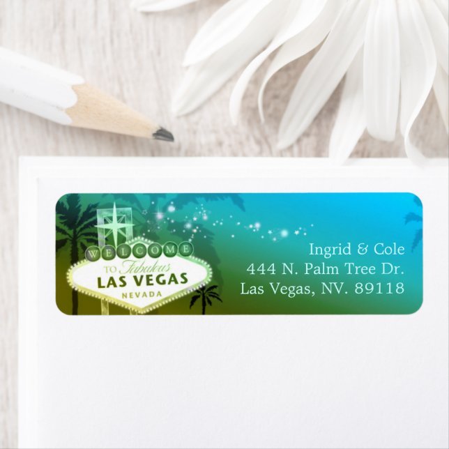 Étiquette Glittery Blue Las Vegas Mariage Adresse de retour (En situation)