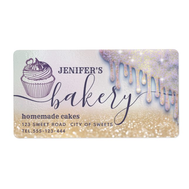 Étiquette Glittery gouttes cupcake chef script boulangerie (Devant)