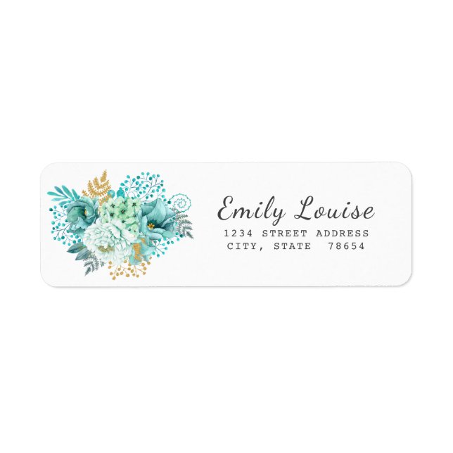 Étiquette Gold Aqua Blue Floral Adresse de retour Label (Devant)