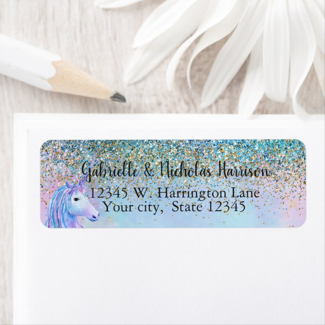 Étiquette Gold Aqua Parties scintillant violet blanc Unicorn (En situation)