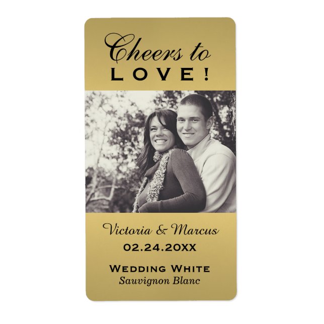 Étiquette Gold Cheers to Love Mariage Photo Bouteille de vin (Devant)