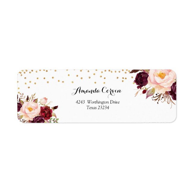 Étiquette Gold et Rouge Marsala Floral Chute en Amour (Devant)