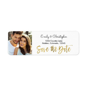 Étiquette Gold Foil Script Wedding Enregistrer la photo Date