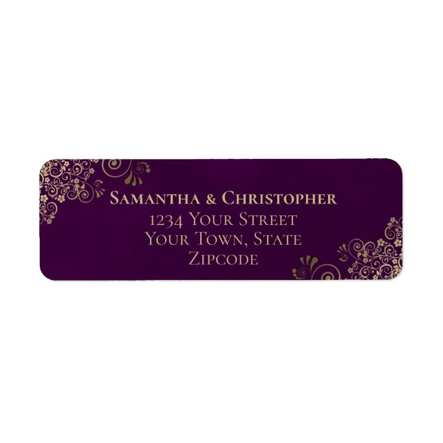 Étiquette Gold Frops on Plum Purple Mariage Adresse de retou (Devant)