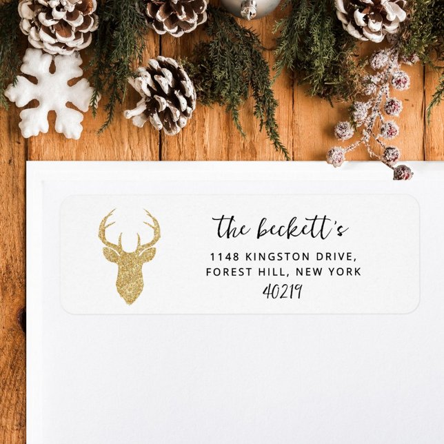 Étiquette Gold Glitter Deer Head Winter Christmas Holiday (Créateur téléchargé)