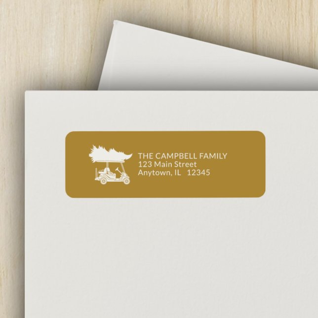 Étiquette Gold Golf Panier avec sapin de Noël Adresse de ret (Créateur téléchargé)