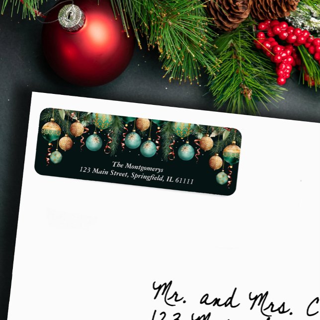 Étiquette Gold Green Christmas Tree Ornaments Return Address (Gold and Green Christmas Tree Ornaments Return Address Labels)