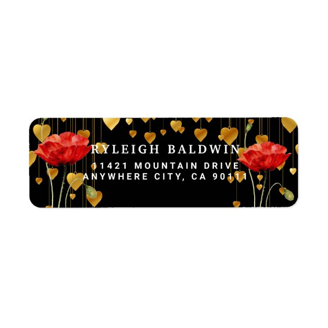 Étiquette Gold Hearts Red Poppy Adresse de retour Label (Devant)