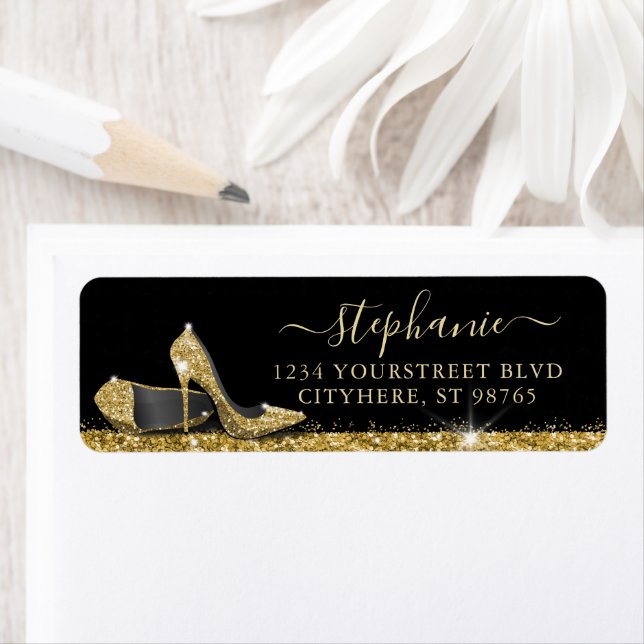 Étiquette Gold High Heel Chaussures Glam Adresse de retour (En situation)