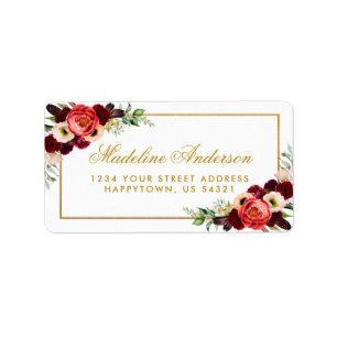Étiquette Gold Mariage Bourgogne Floral Boho Adresse