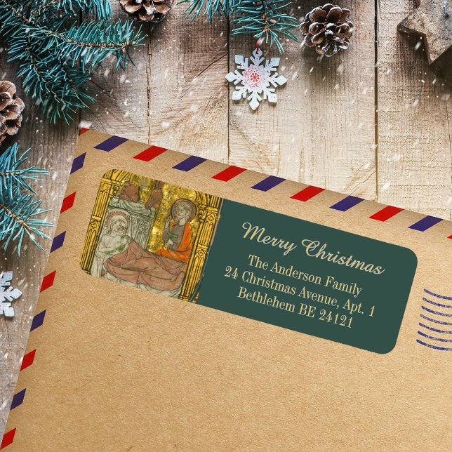 Étiquette Gold Medieval Christian Christmas Nativité Scene (Elegant Gold Medieval Vintage Christian Christmas Catholic Nativity Scene Return Address Label)