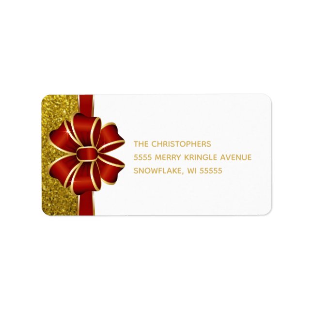 Étiquette Gold Parties scintillant Red Bow Holiday Adresse (Devant)