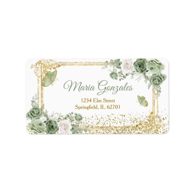 Étiquette Gold Quinceañera Sage Green Crown Adresse (Devant)